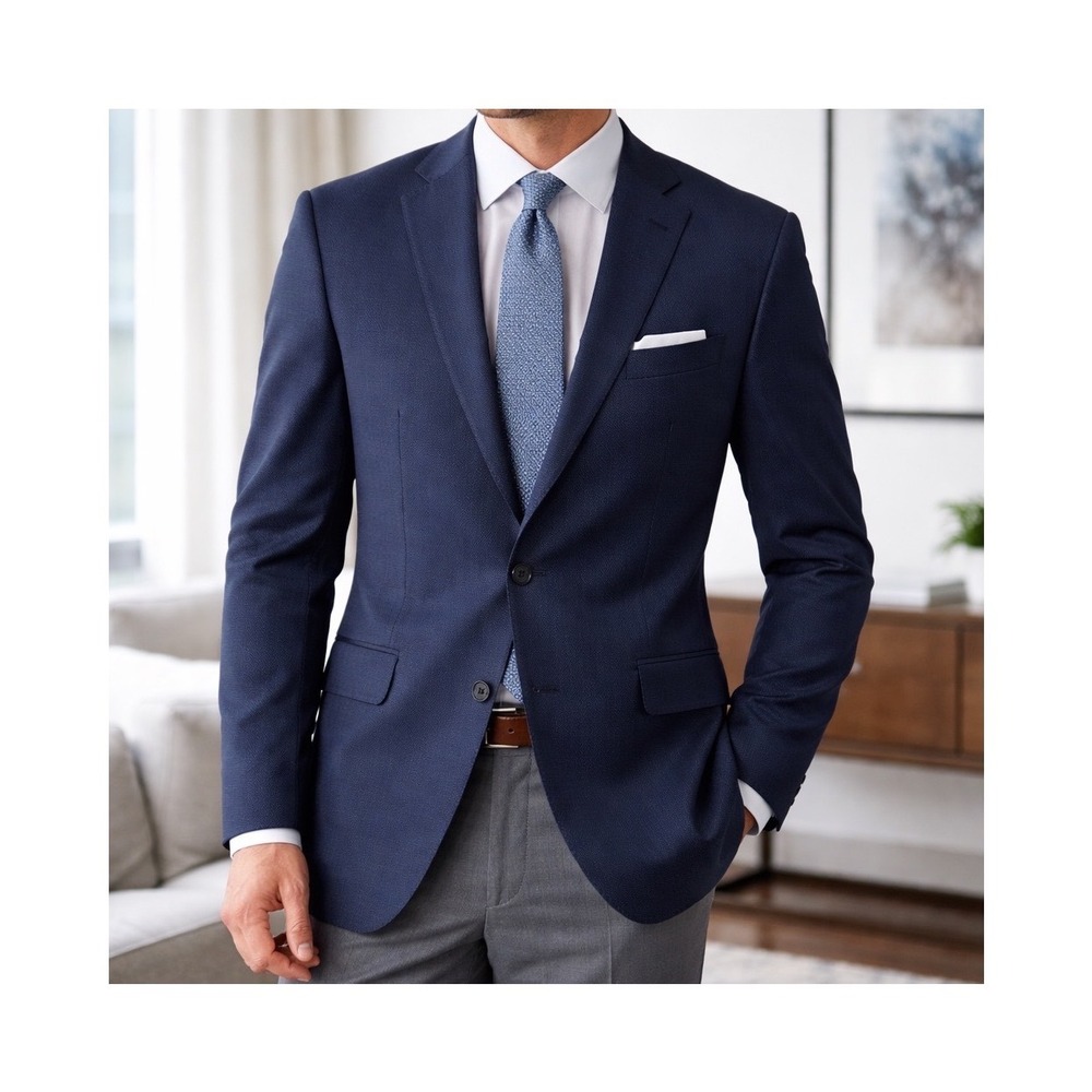 Jos A Bank Travelers Collection Wool Blazer 44L Navy Blue Crosshatch Slim Fit